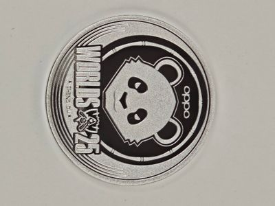 Round silver-tone coin with a black panda head, bold white lettering and surrounding circular border