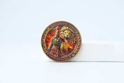 Circular colorful coin with an armored warrior and roaring lion amid red-orange flames