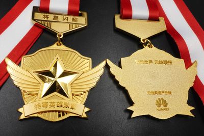 Gold colored winged star award medal with raised wings and red white striped neck ribbon