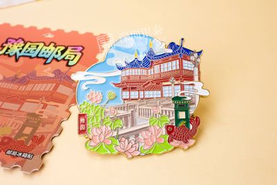 Colorful traditional pavilion beside water with pink lotus flower souvenir magnet