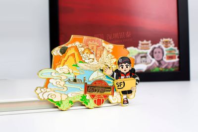 Colorful promotional cityscape with courier character yellow delivery accents and traditional buildings