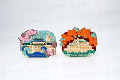 Two Xiamen University themed souvenirs with flower frames and historic buildings