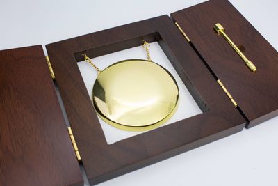 Round polished gold-tone hanging gong with striker inside a dark wood-tone presentation case