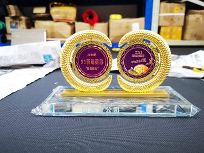 Two gold lattice edge circular commemorative awards with purple central emblems on a clear rectangular stand