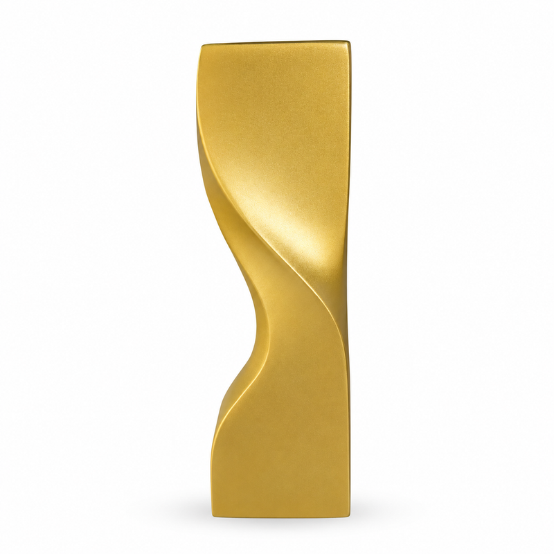 Single gold-tone geometric monolith trophy with a curved recessed waist and flat rectangular top