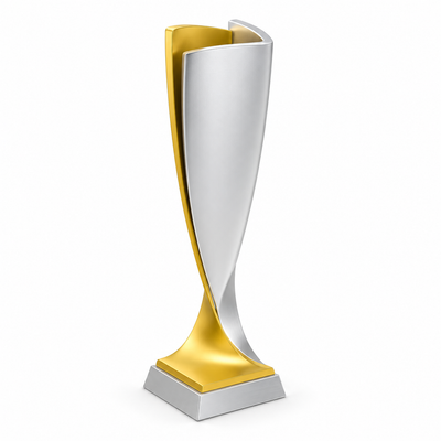 Modern two-tone trophy with curved silver front gold rear form and a stepped square base